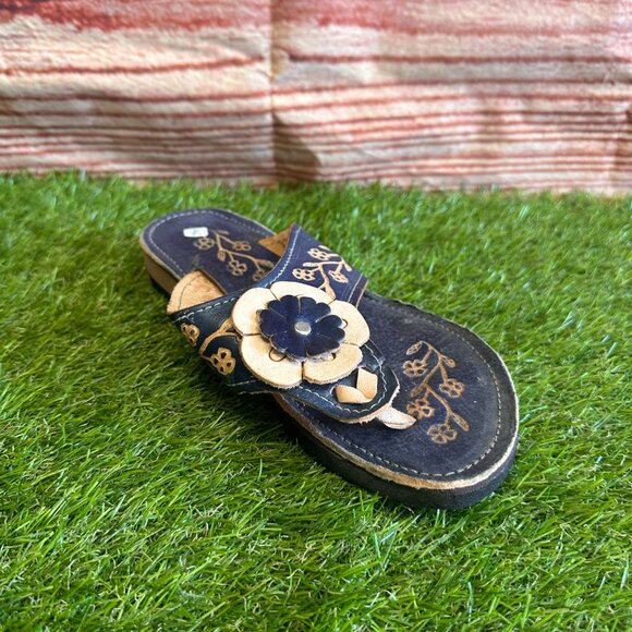 Women's Genuine Leather Blue Sandals with Flower Details Handmade in Mexico - Picture 6 of 6